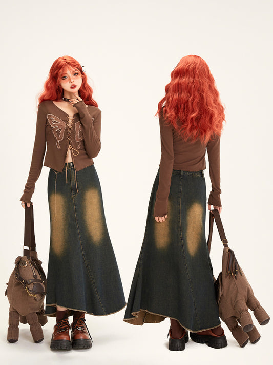 Washed Hem Denim Mermaid Skirt Vintage Blue Irregular with