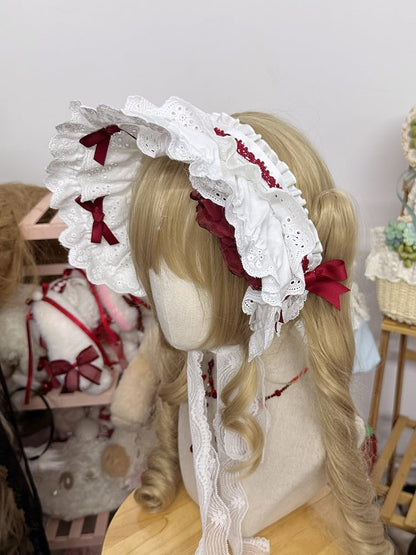 Gothic Red White Lolita Rose Bows With Cotton Bonnet