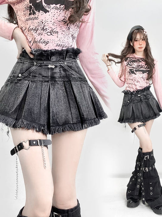 Y2K ヴィンテージ ブラック フェードウォッシュ ディストレストリム ボックスプリーツ デニム グラマラススカート