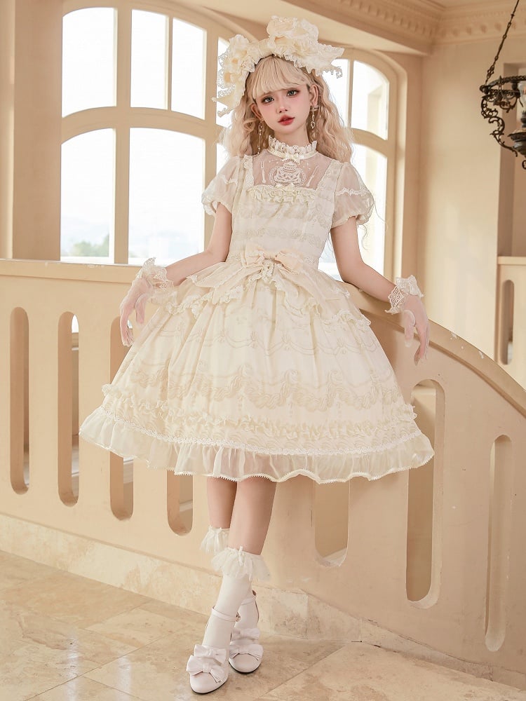 Lolita White One Short Piece Sleeves Neckline Illusion Creamy