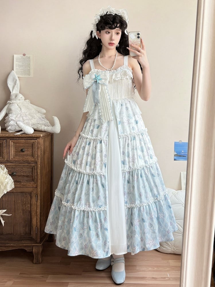 Blaues Lolita-Muschelkleid mit weißem Meeresdruck und Seesternen