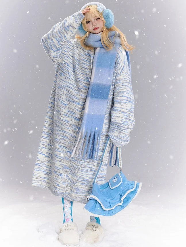 Blue and White Tie Dye Stripes Long Hooded Cardigan