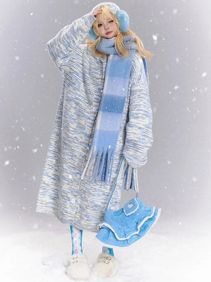 Blue and White Tie Dye Stripes Long Hooded Cardigan