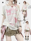 Asymmetrisches Y2K Bittersweet Neckline Letter Butterfly T-Shirt Off-White und Print