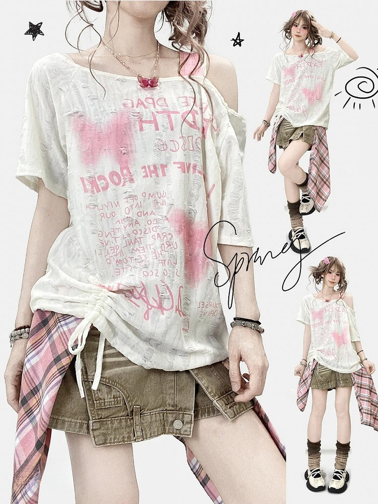非対称Y2KビタースイートネックラインレターバタフライTシャツオフホワイトとプリント