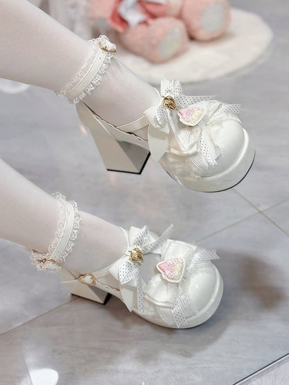Janes Berry - Heart PU White High Block Mary Bow Fastener Polished Accented Customizable Heel in