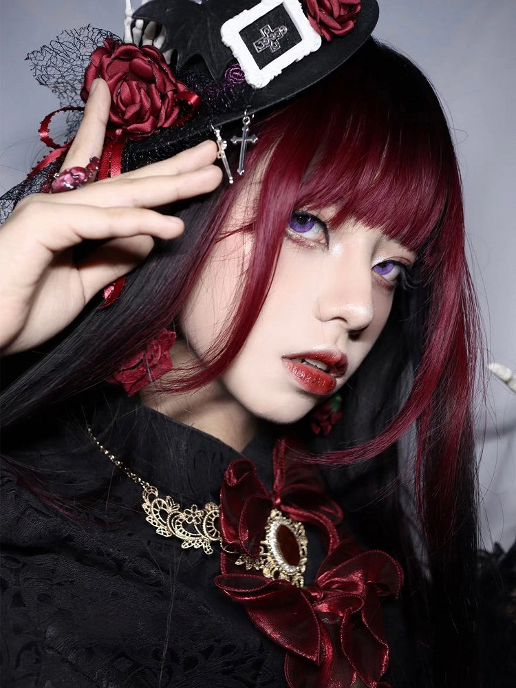 Red 68CM Ombre with Full Bangs Black Wig Straight