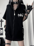 White Jacket Punk Short Sleeve Zip-Up Striped with Cross Sleeves Black Print
