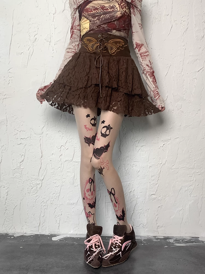 Print Skull Y2K Tights Sweet Nude Heart and Grunge