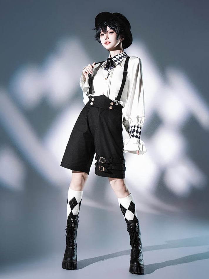 Vibes Weißes Hemd Ouji Circus Langer Kragen Schachbrettmanschetten Ärmel und Print Lolita