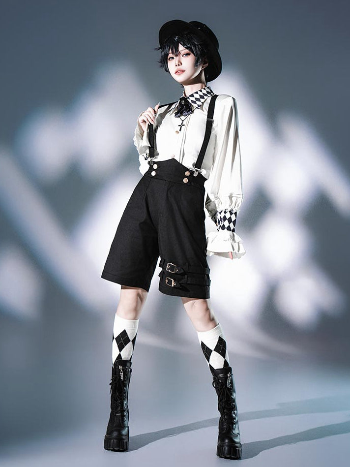 mit geraden Beinträgern Lolita Ouji Schulter Schwarze Shorts