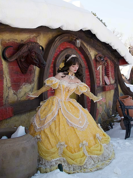Lolita Layered Gown Lace Yellow Version and with Long Hanayome Ruffles Bow Hime Details Off-Shoulder