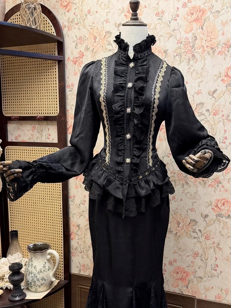 Trim Elegant Blouse Golden Lace Ruffled Long Sleeves Classic Lolita Black with