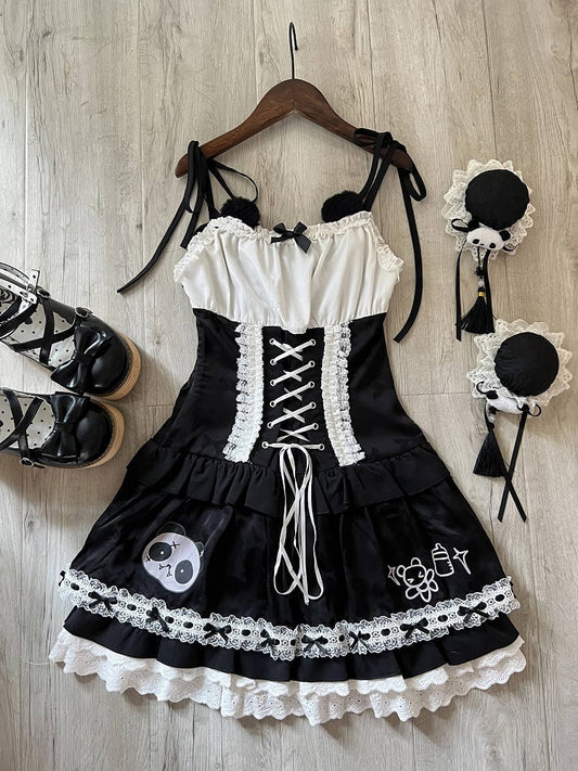 Bear and with White Lace-Up Details Dress Bowknot Black Ears