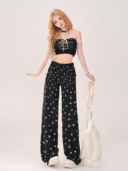with Gyaru Print Bow Bunny Cute Tube Front Black Top: Tie Crop