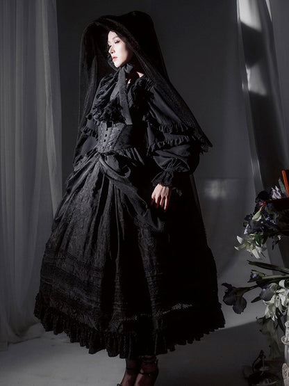 Detail Lolita with Under Bust Dress Embroidery Gothic Waist Black Boned