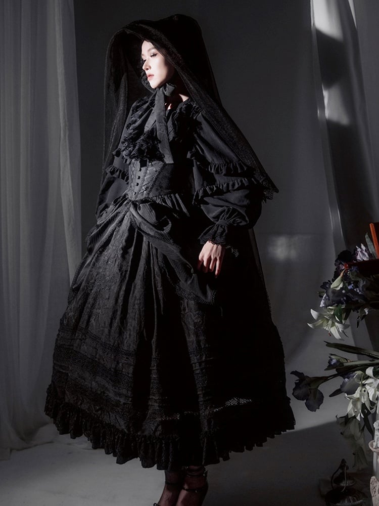 Lace-Up Ruffled Long Black with Sleeves Front Blouse