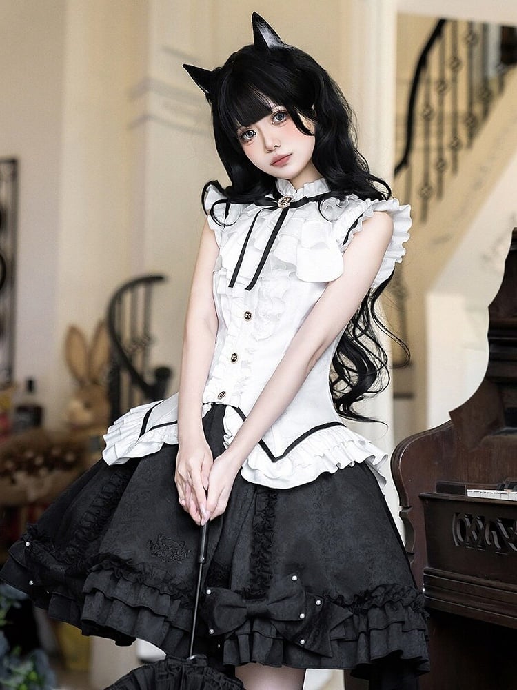 Vintage Elegant Sleeveless Lolita Top & Bow Pearl Accent Skirt Outfit in Black & White - Xiong Dou Jiang