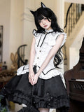 Vintage Elegant Sleeveless Lolita Top & Bow Pearl Accent Skirt Outfit in Black & White - Xiong Dou Jiang