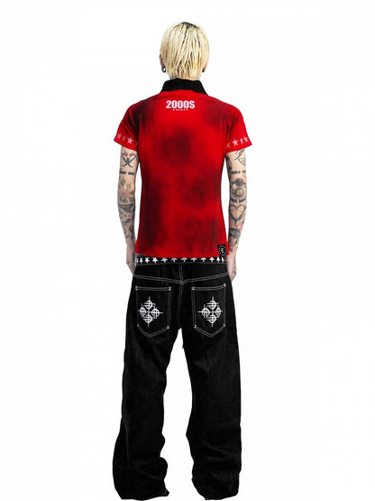 Red Letter Print Polo Shirt with Short Sleeves - DETW OnLine