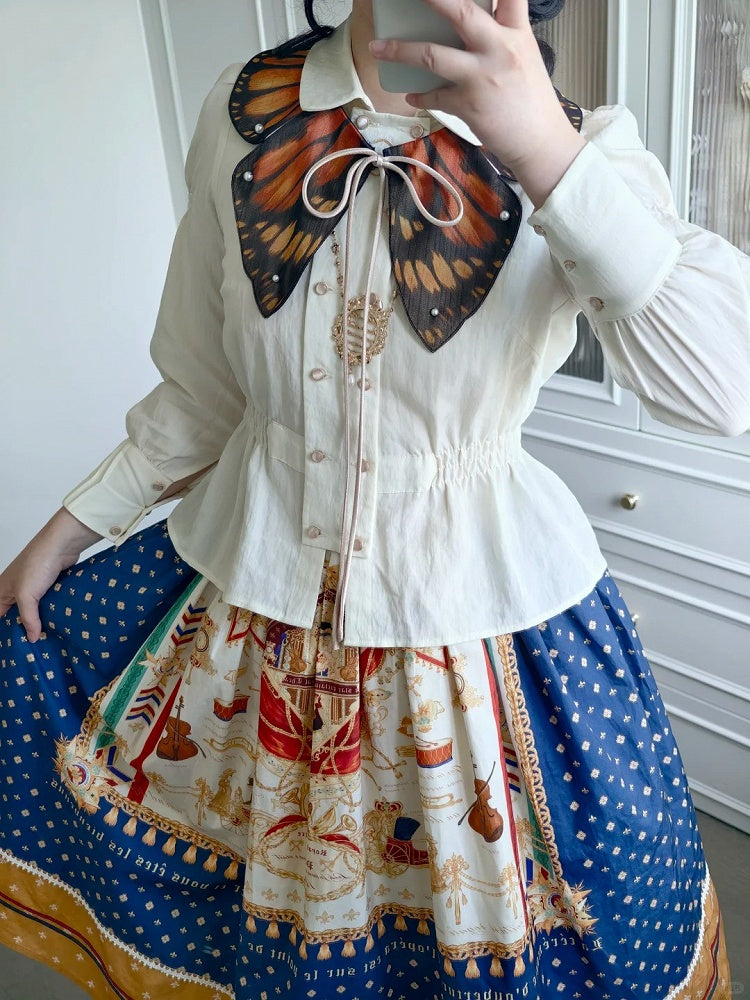 White Long Sleeve Smocked Waist Elegant Lolita Blouse - Crucis Universal Tailor Company