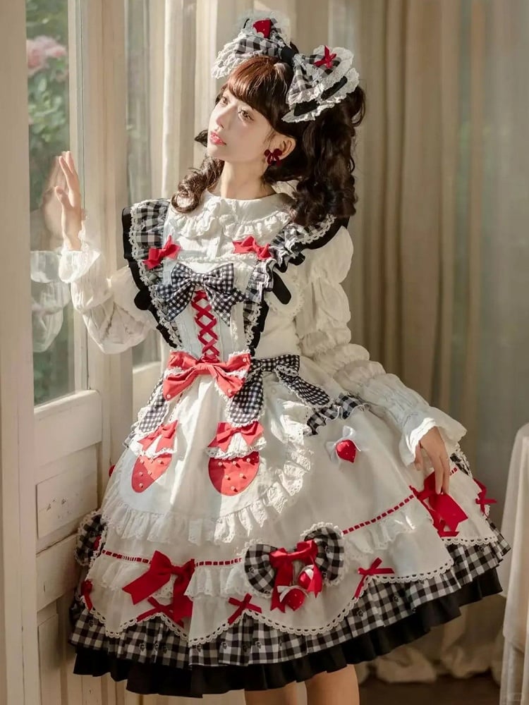 Details Flutter White Sleeves with Sweet Lolita Black Gingham Bow Dress