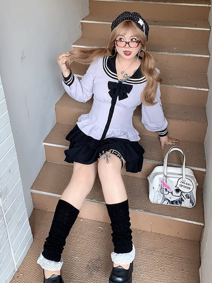 Stufenrock Lila + Schwarze Bluse mit Matrosenkragen und Ärmeln – Uniform Bishop Plus Size JK