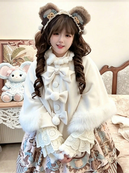 Velvet Lolita Cape in Sweet Beige with Detachable Fur Collar and Bow - Star Fantasy