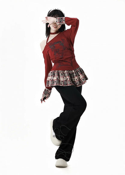 Asymmetrical Neckline Anime Girl Print Plaid Patchwork White/Red Design Top