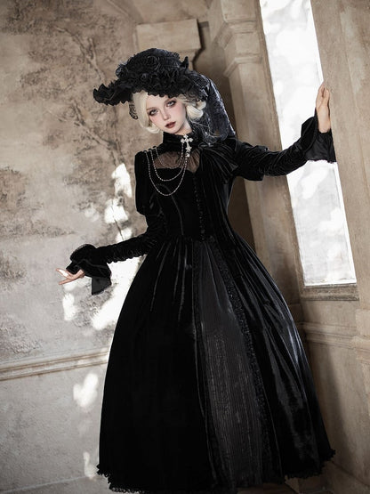 Dress Sleeves Lolita Mesh Gothic with Long Black Heart Neckline Illusion Velvet