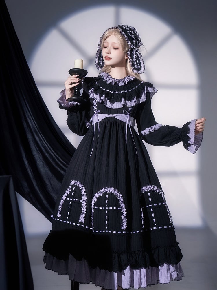 Purple Lolita Black Ruffle Gothic Dress Sleeves Sash Details Long and with Witchy