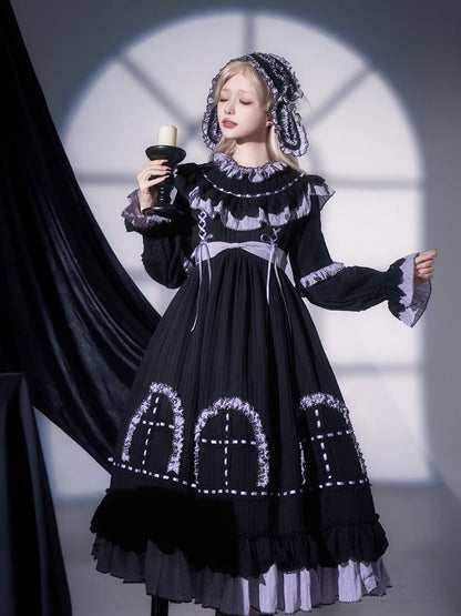 Purple Lolita Black Ruffle Gothic Dress Sleeves Sash Details Long and with Witchy