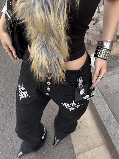 Black Cross Letter Print Curved Leg Canvas Punk Pants - DETW OnLine