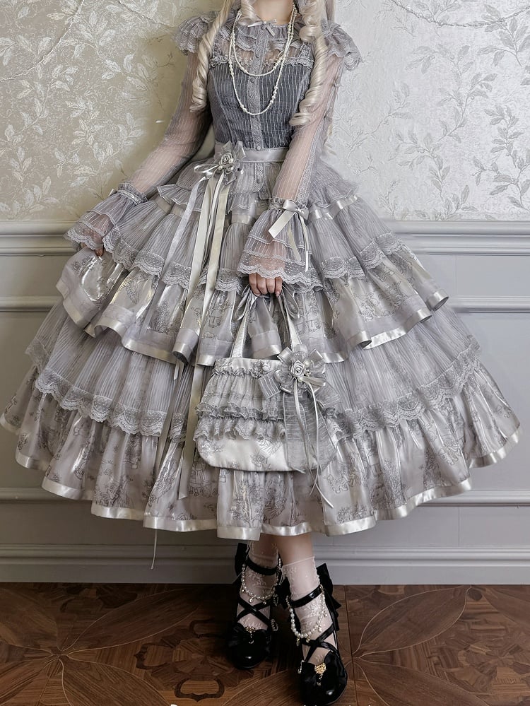 Blouse Silver Semi-sheer Sleeves Long Bowknots Gray