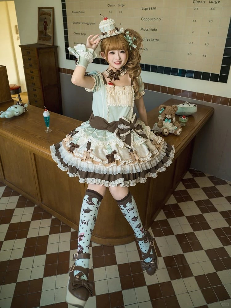 Waist Mint Bowknot Green Chocolate Details Lolita Dropped Layered Dress Sweet Hem