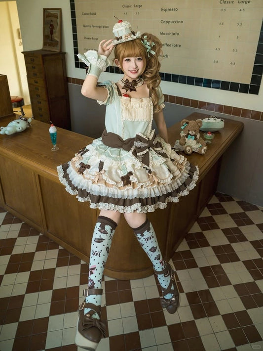 Waist Mint Bowknot Green Chocolate Details Lolita Dropped Layered Dress Sweet Hem