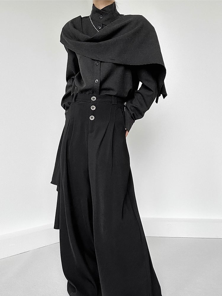 Extended Sleeve Convertible Shirt with Unisex Scarf Long Black