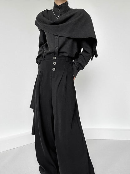 Extended Sleeve Convertible Shirt with Unisex Scarf Long Black