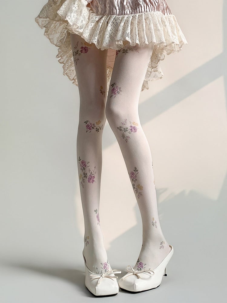 Floral-Printed Vintage Milk White Pantyhose Tights - Night Experiment