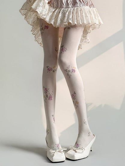Floral-Printed Vintage Milk White Pantyhose Tights - Night Experiment