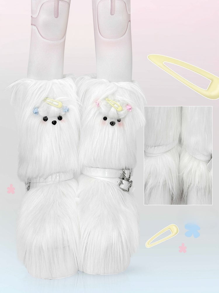 White Maltese Puppy Y2K Platform Furry Boots