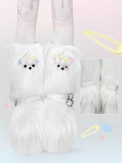 White Maltese Puppy Y2K Platform Furry Boots