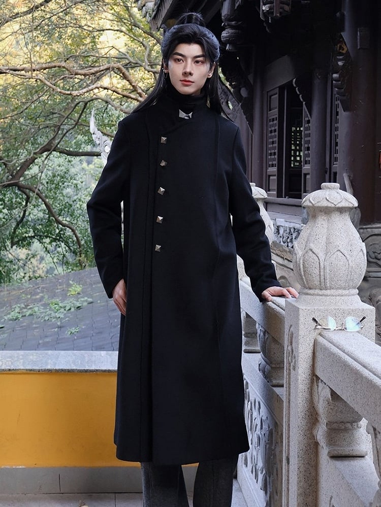 Side Button Style Slits Scarf with Front Set Placket Chinese Unisex - Coat Black