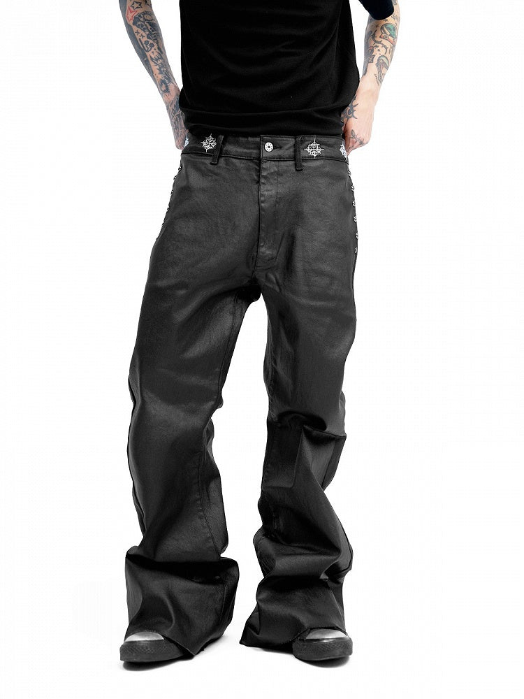 Black Coated Wax Flared Jeans Punk Style - DETW OnLine