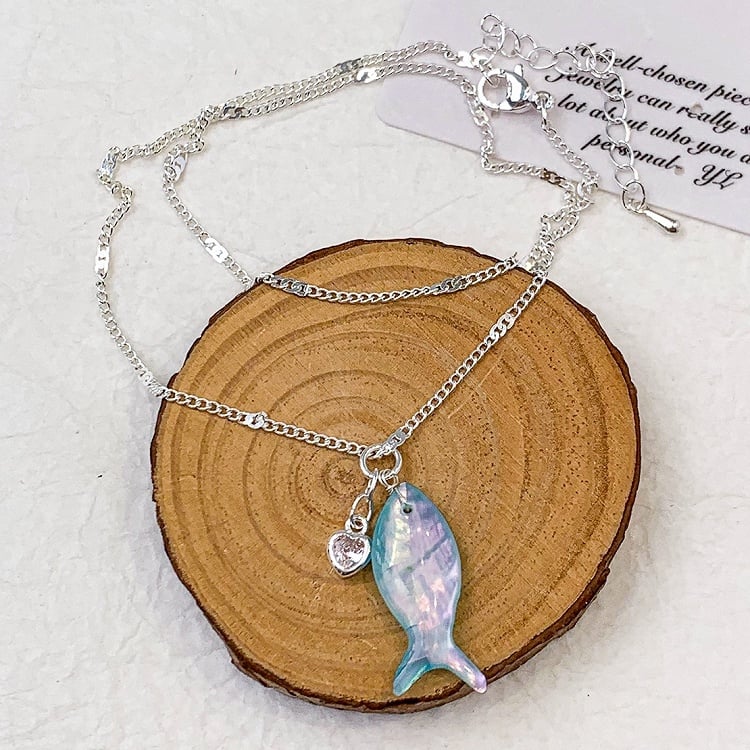 Y2K Necklace Blue/White Fish Heart And Bittersweet Rhinestone Pendant