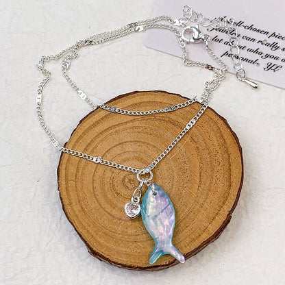 Y2K Necklace Blue/White Fish Heart And Bittersweet Rhinestone Pendant