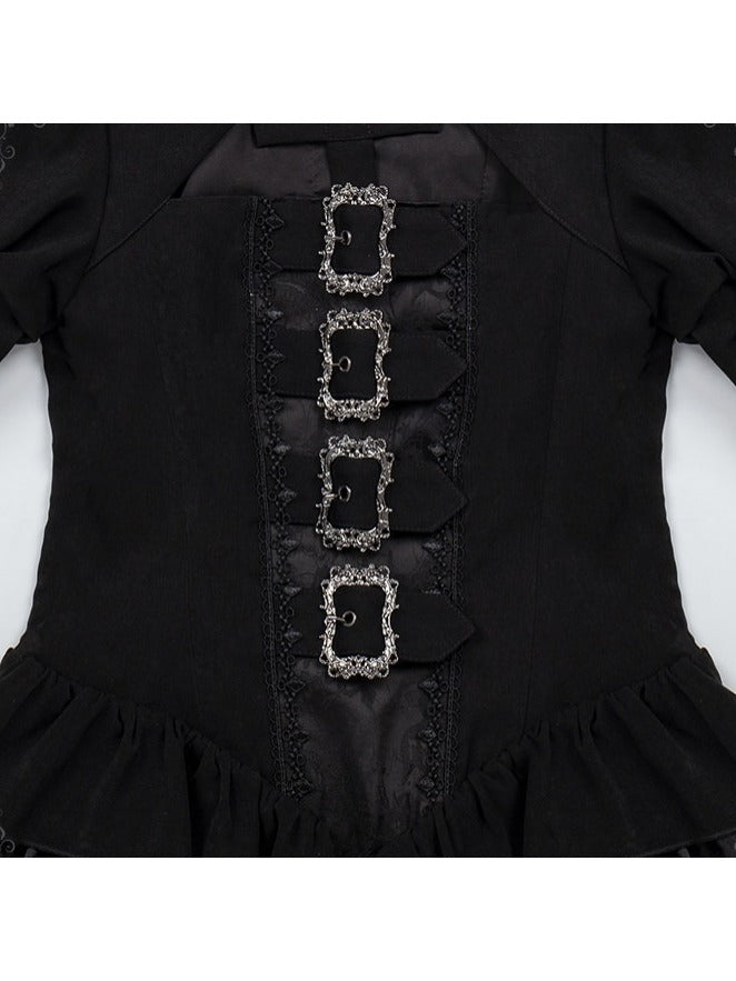 Gothic Lace-Up Lolita OP Gown with Metal Buckle, Short Version and Mini Hat Set - With PUJI