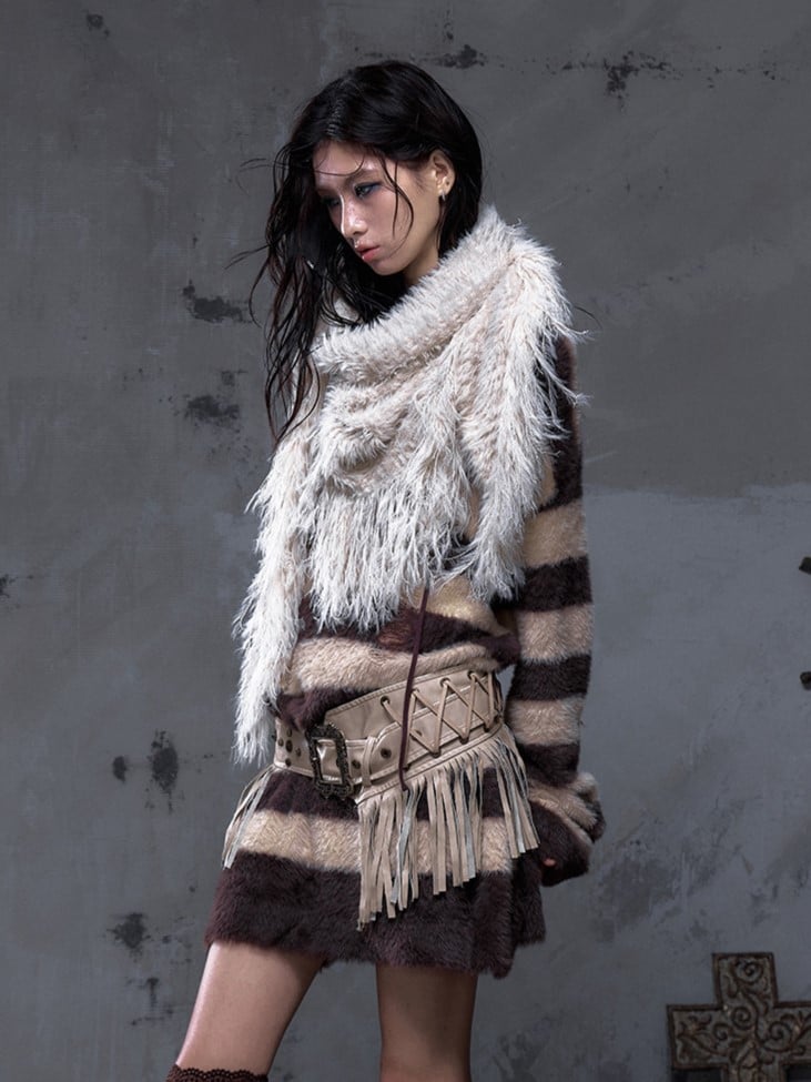 Fringe Vintage Punk Scarf White Long Faux Triangle Mink Y2K