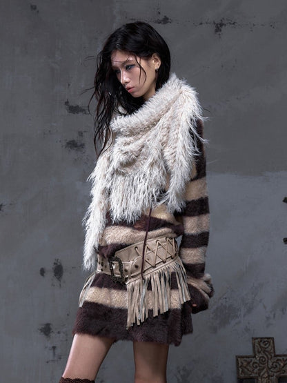 Fringe Vintage Punk Scarf White Long Faux Triangle Mink Y2K