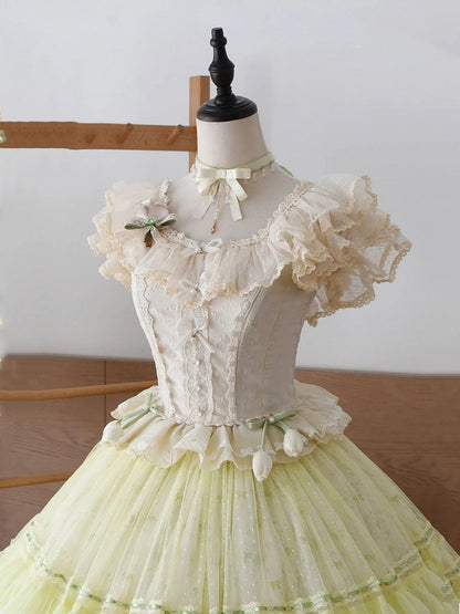 Jacquard Korsett Herz Ärmel Stoff Top Flatter Tiered Elfenbein